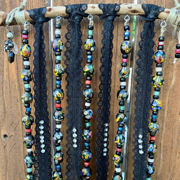 Driftwood Wind Chime Lace, Black Porcelain & Vintage Italian Chandelier Crystals - Picture 5 of 17